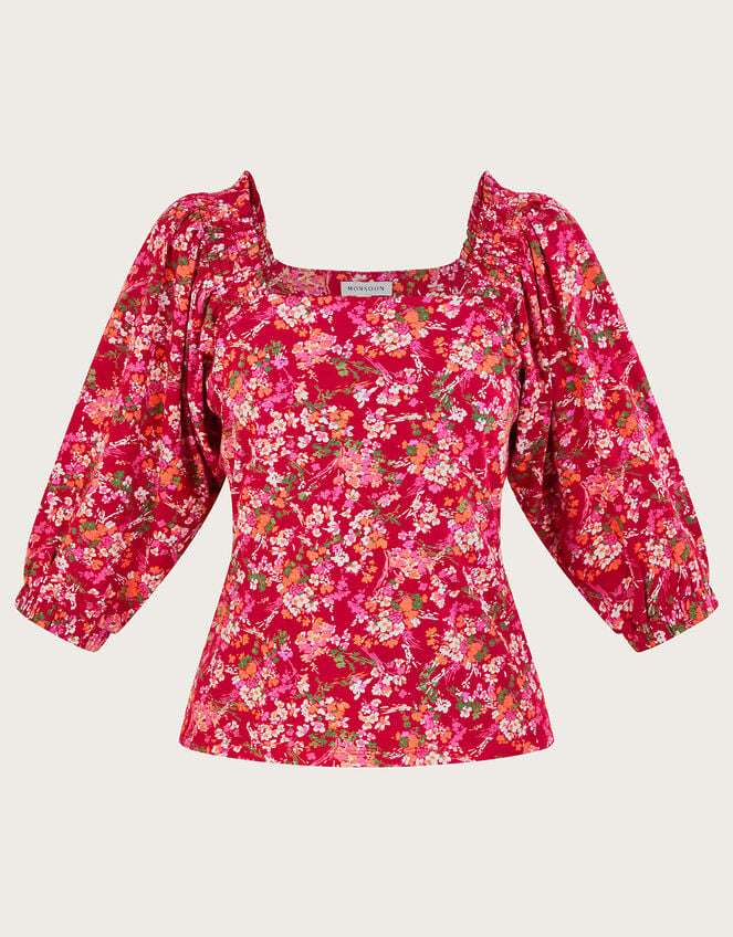 Ditsy Floral Print Top in Linen Blend , Red (RED), large