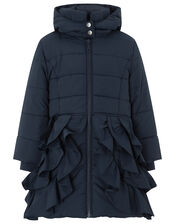 Navy Ruffle Padded Coat, Blue (NAVY), large