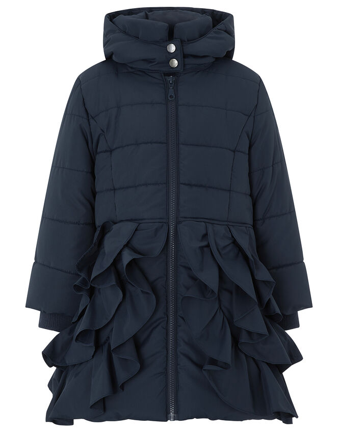 Navy Ruffle Padded Coat, Blue (NAVY), large