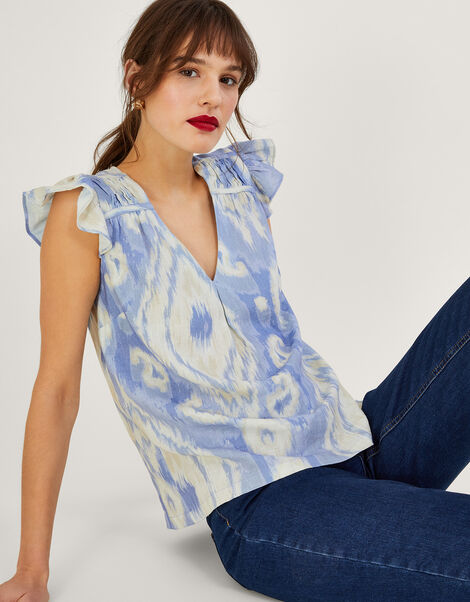 Peggy Ikat Tank Top in Linen Blend, Blue (BLUE), large