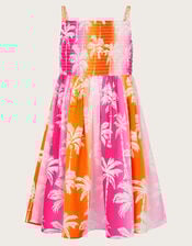 Sunset Ombre Palm Print Shirred Dress, Pink (PINK), large