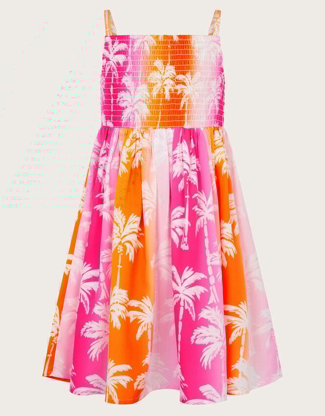 Sunset Ombre Palm Print Shirred Dress, Pink (PINK), large