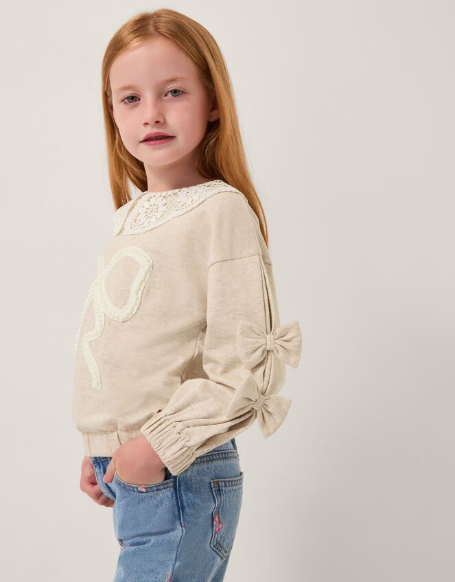 Bow Embellished Collar Sweatshirt, Ivory (IVORY), large