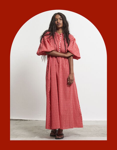 Par & Escala Matilda Puff Sleeve Check Maxi Dress, Red (RED), large