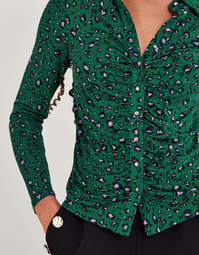 Leopard Print Ruched Jersey Shirt, Green (GREEN), large