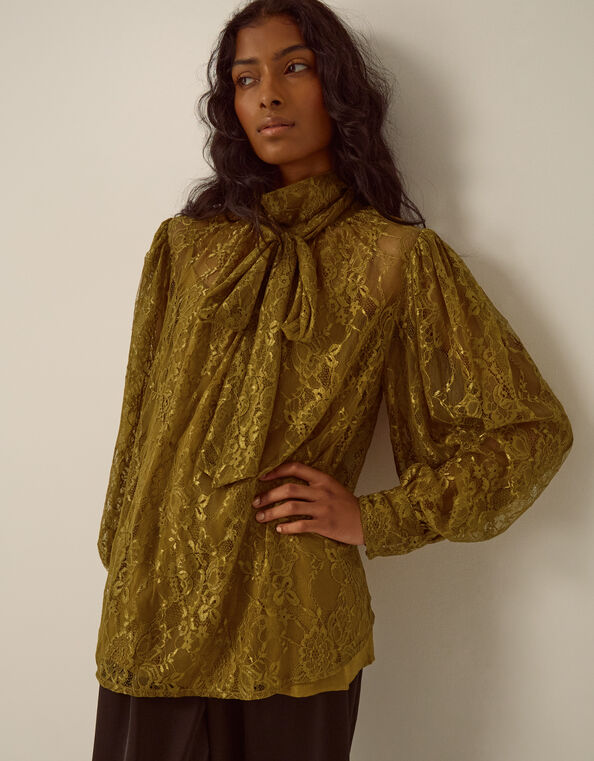 Zadie High Tie Neck Lace Blouse, Green (CHARTREUSE), large