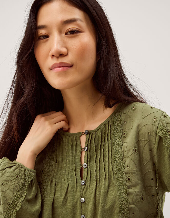 Joss Floral Embroidered Jersey Top, Green (KHAKI), large