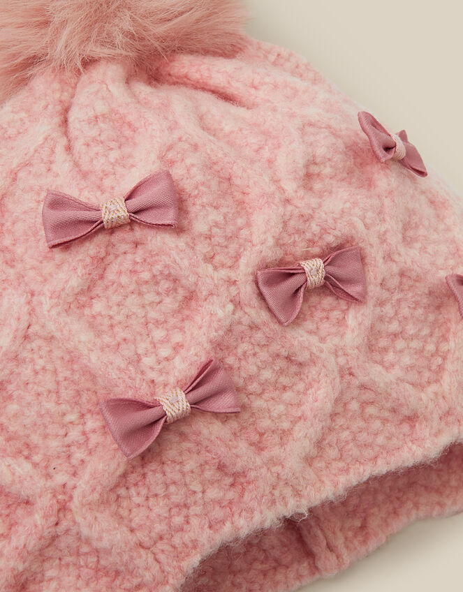 Bow Cable Knit Trapper Hat, Pink (PINK), large