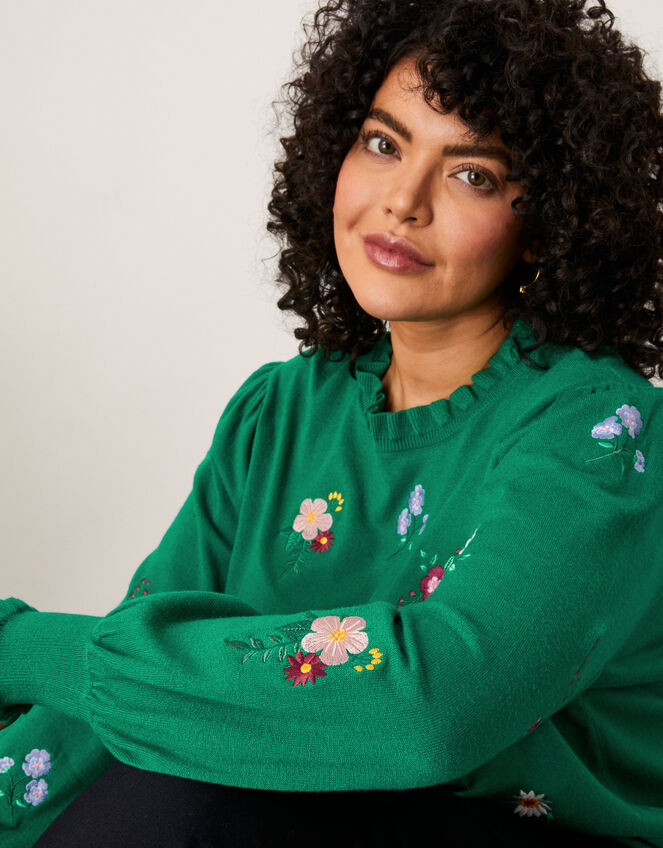 Floral Embroidered Frill Neck Jumper, Green (GREEN), large