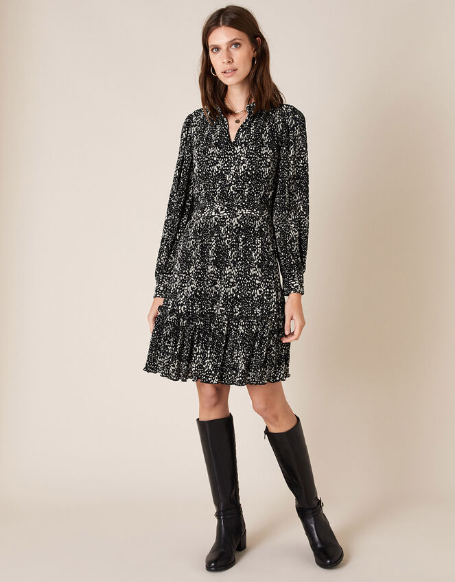 Printed Jersey Plisse Tiered Short Dress, Black (BLACK), large