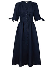 Puff Sleeve Midi Dress in Linen Blend, Blue (NAVY), large