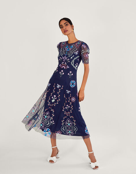 Leor Embroidered Midi Dress in Recycled Polyester, Blue (NAVY), large