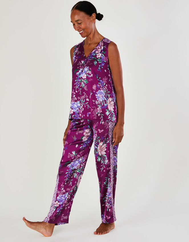Floral Print Satin Pyjama Trousers in Recycled Polyester, Red (BERRY), large