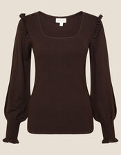 Ruffle Trim Square Neck Jumper, Brown (BROWN), large