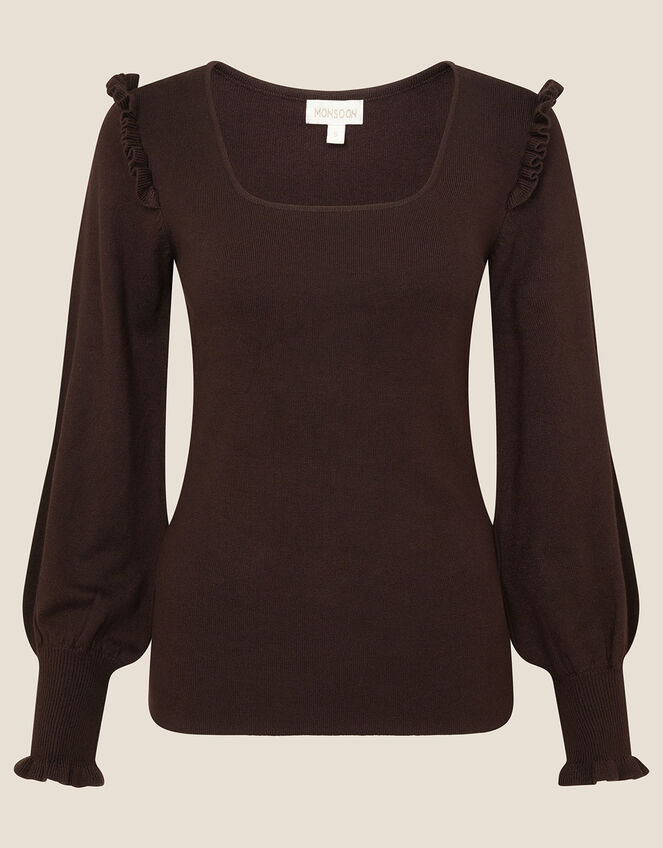 Ruffle Trim Square Neck Jumper, Brown (BROWN), large