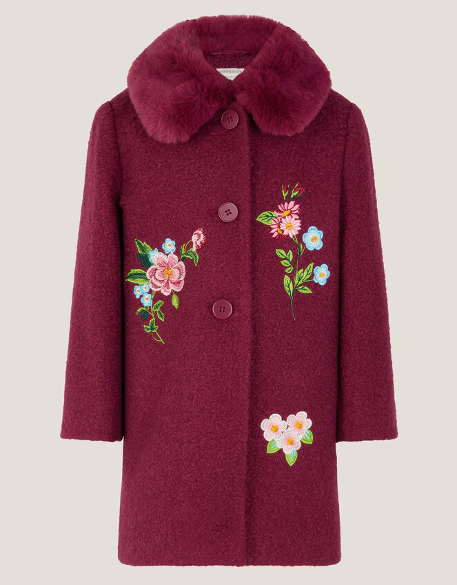 Floral Embroidered Boucle Coat, Red (BURGUNDY), large