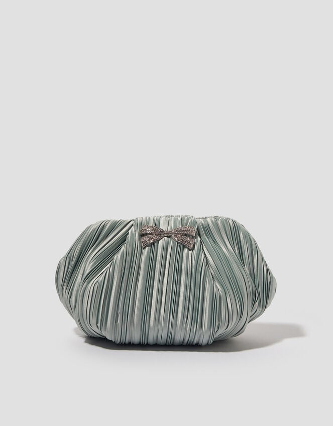 Pen Plisse Satin Clutch Bag, Green (SAGE), large
