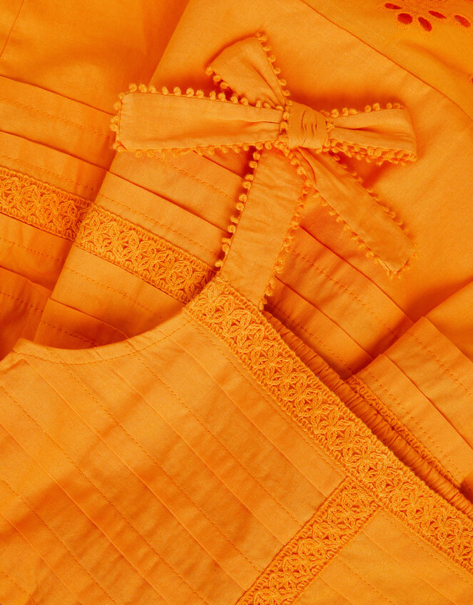 Broderie Pleated Cotton Dress, Orange (ORANGE), large