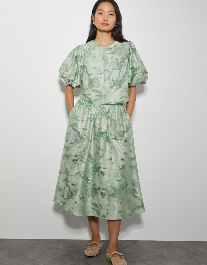 Josie Floral Jacquard Midi Skirt, Green (SAGE), large