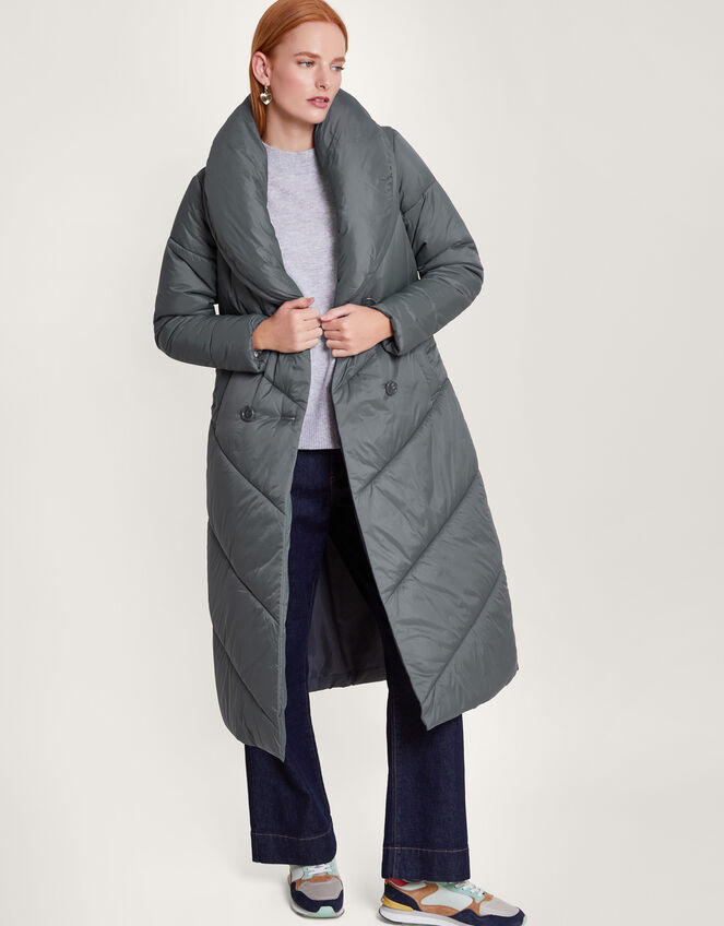 Clara Longline Padded Maxi Coat in Recycled Polyester Grey Women's Coats Monsoon Global.