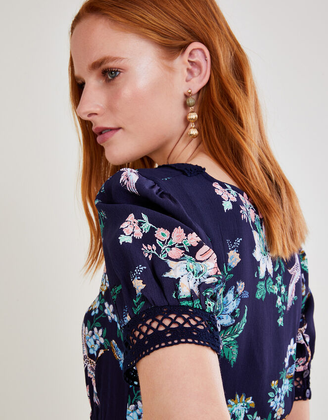 Olana Print Lace Dress in Sustainable Viscose, Blue (NAVY), large