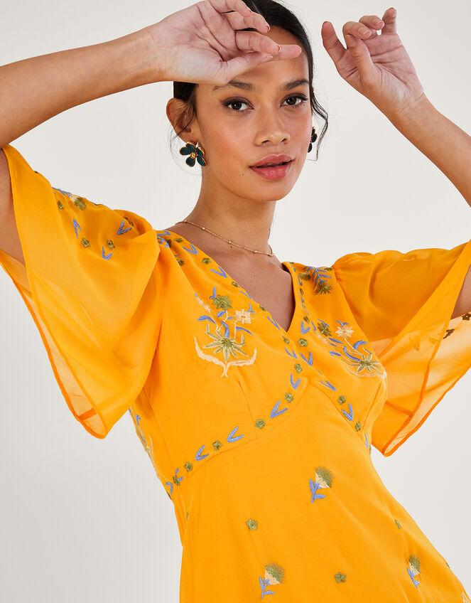 Margo Embroidered Tea Dress in Recycled Polyester, Yellow (YELLOW), large