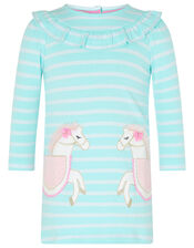 Baby Horse Stripe Sweat Dress in Organic Cotton, Blue (AQUA), large