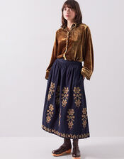 East Sophia Floral Embroidered Midi Skirt, Blue (NAVY), large