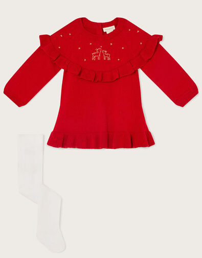 Newborn Christmas Knitted Dress and Tights Set Red, Red (RED), large
