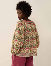 East Aurelie Hand-Woodblock Botanical Print Cotton Top, Multi (MULTI), large