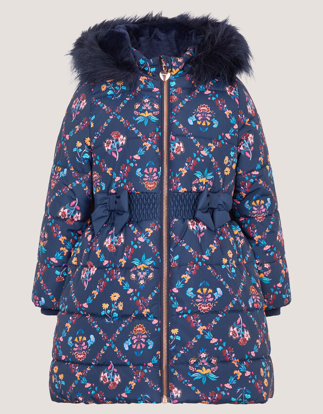 Floral Print Bow Puffer Coat, Blue (NAVY), large