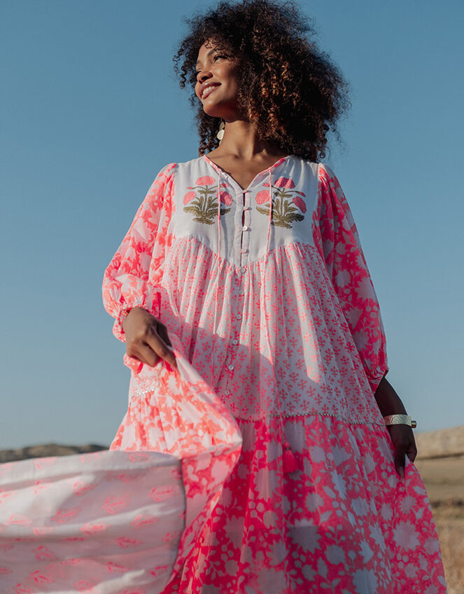 Piti Cuiti Floral Tiered Maxi Dress, Orange (CORAL), large