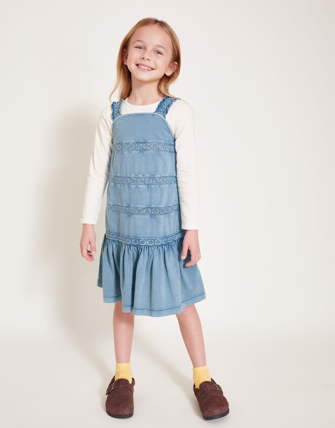Long Sleeve Top and Embroidered Pinafore Dress Set, Blue (BLUE), large