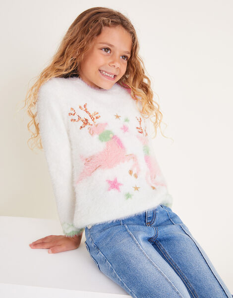 Fuzzy Knit Christmas Reindeer Jumper, Cream (CREAM), large