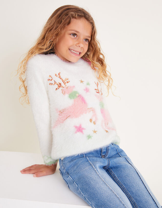 Fuzzy Knit Christmas Reindeer Jumper, Cream (CREAM), large