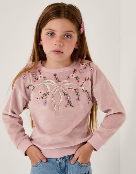 Bow Embellished Velour Sweatshirt, Purple (PURPLE), large