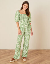 Julia Floral Shirred Jumpsuit, Green (GREEN), large