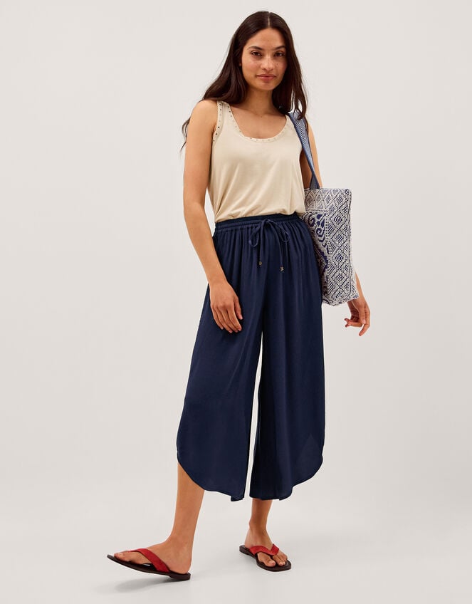 Teri Drawstring Culotte Trousers, Blue (NAVY), large