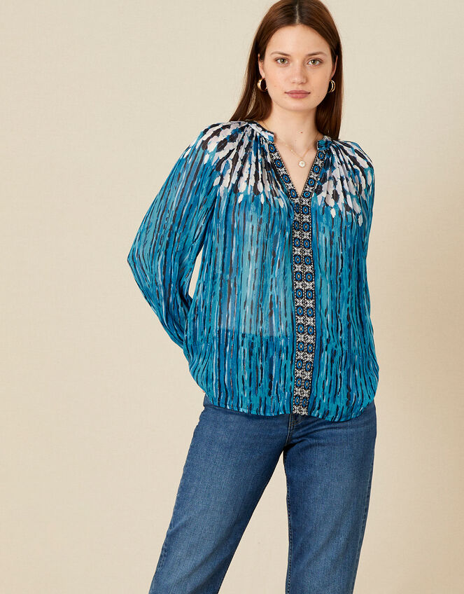 Feather Print Embellished Top, Blue (BLUE), large