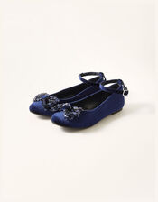 Sequin Bow Velvet Ballerina Flats, Blue (NAVY), large