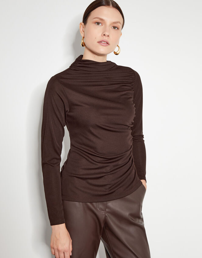 Dayna Long Sleeve Drape Jersey Top, Brown (CHOCOLATE), large