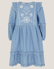 Embroidered Chambray Frill Dress, Blue (BLUE), large