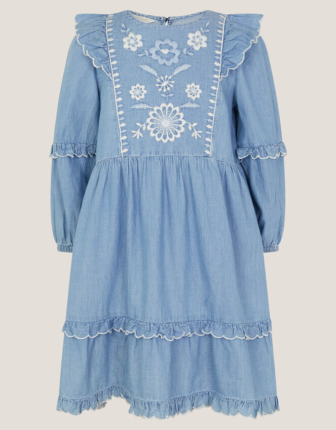 Embroidered Chambray Frill Dress, Blue (BLUE), large