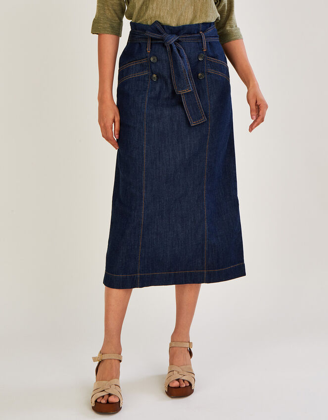 Denim Belted Button Front Skirt, Blue (INDIGO), large