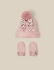 Baby Bow Beanie Hat & Mittens Set, Pink (PINK), large