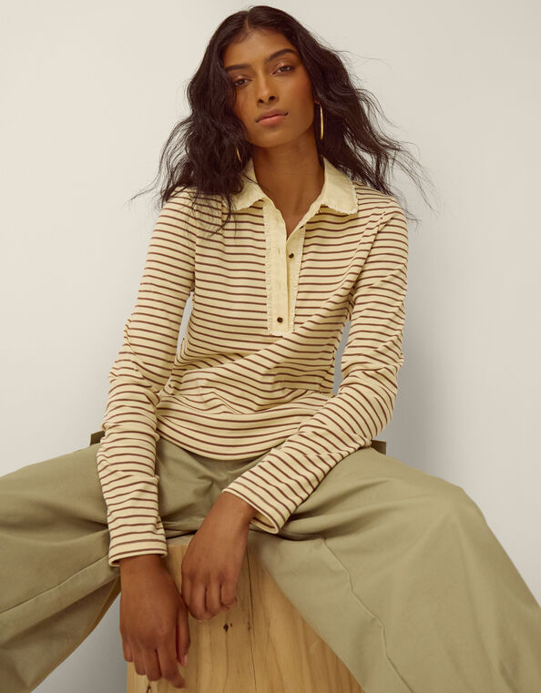 Stacy Stripe Jersey Polo Top, Cream (CREAM), large