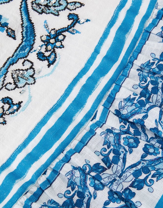 Calista Floral Print Frilly Playsuit, Blue (BLUE), large