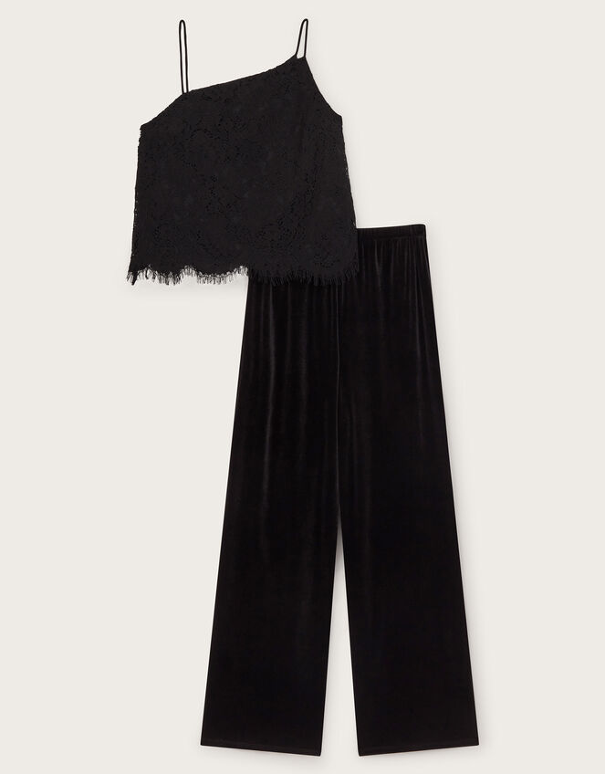 Lace Cami Top and Velvet Pants Set, Black (BLACK), large