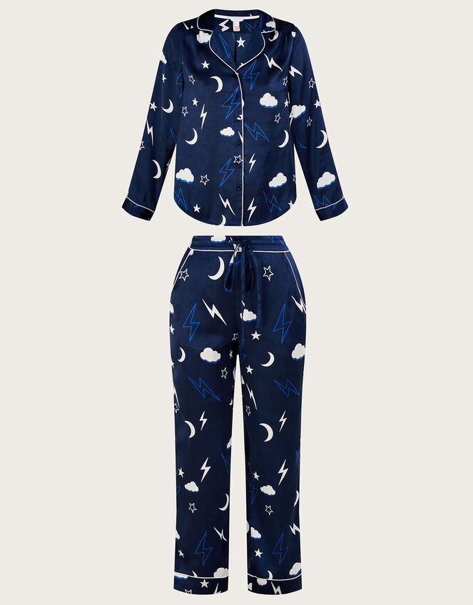 Lightning Bolt Print Pyjama Set in Recycled Polyester, Blue (NAVY), large