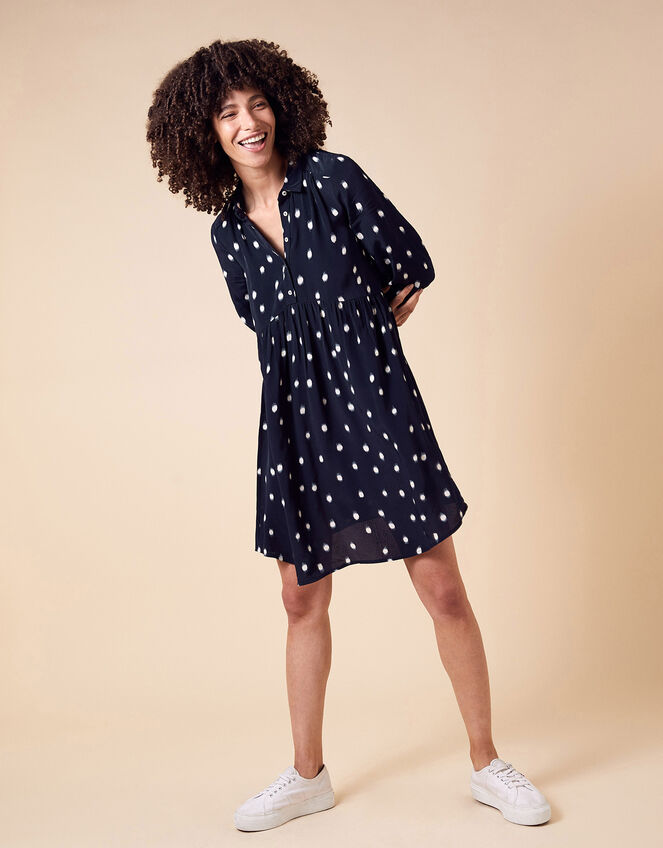 Spot Print Short Dress in Sustainable Viscose, Blue (NAVY), large